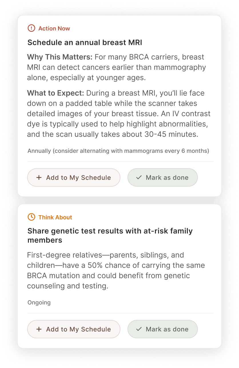 Personalized BRCA care roadmap with actionable screening and family steps